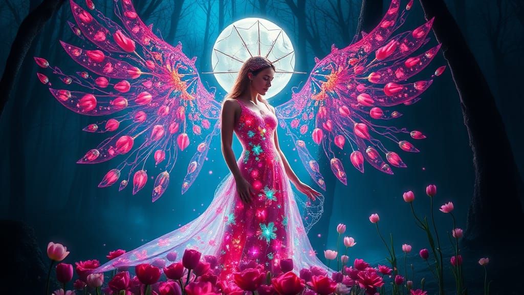 Dreamlike Encounter of Light and Dark Goddesses in Vibrant F...