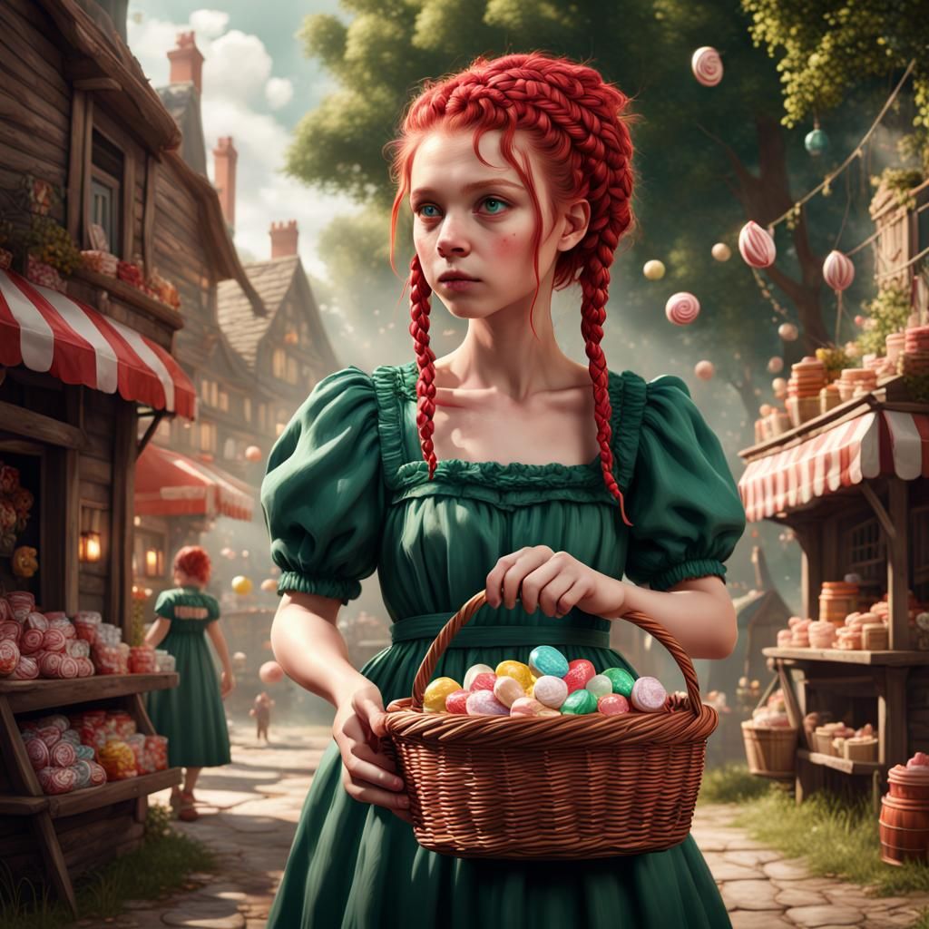 Girl with Braids and Candy Basket, Fantasy Art