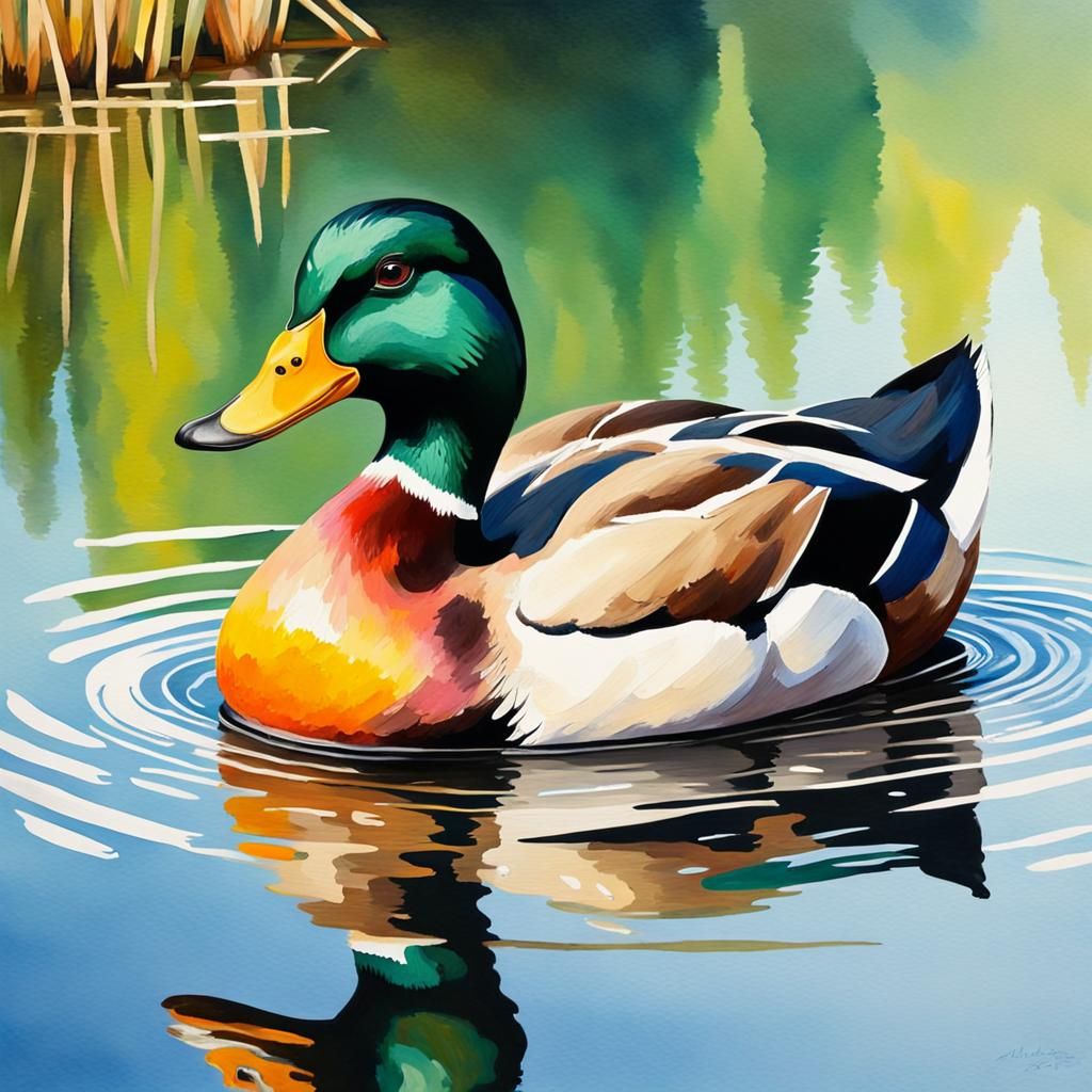 Duck on Lake: Gouache Impressionist Masterpiece