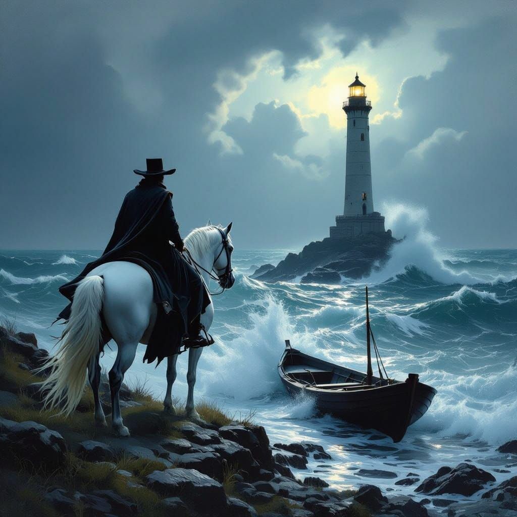 Majestic Man on Horseback Overlooks Turbulent Sea in Dramati...
