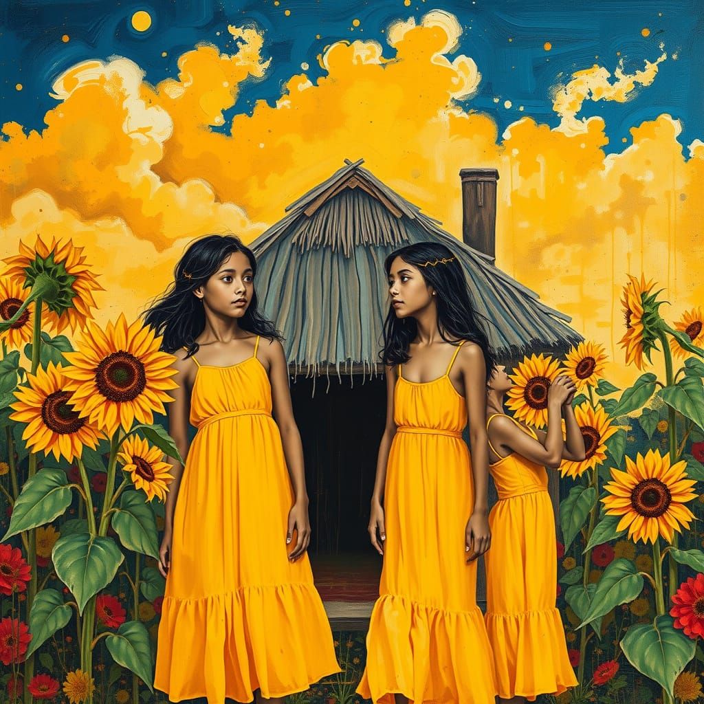 Girls in Vibrant Sundresses Against Lemon Sky, Dripping Pain...