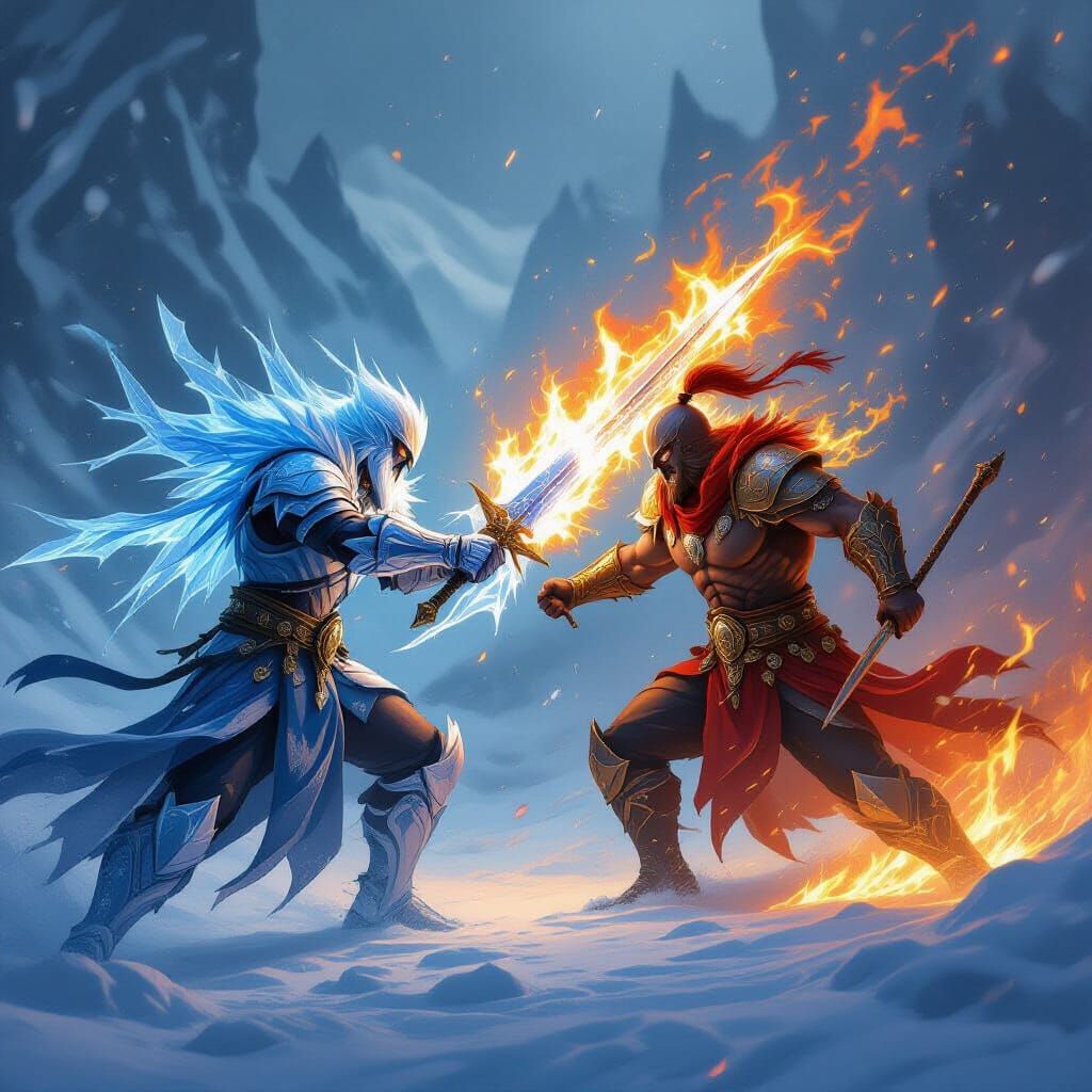 Elemental Warriors Clash: Fire vs. Ice Battle
