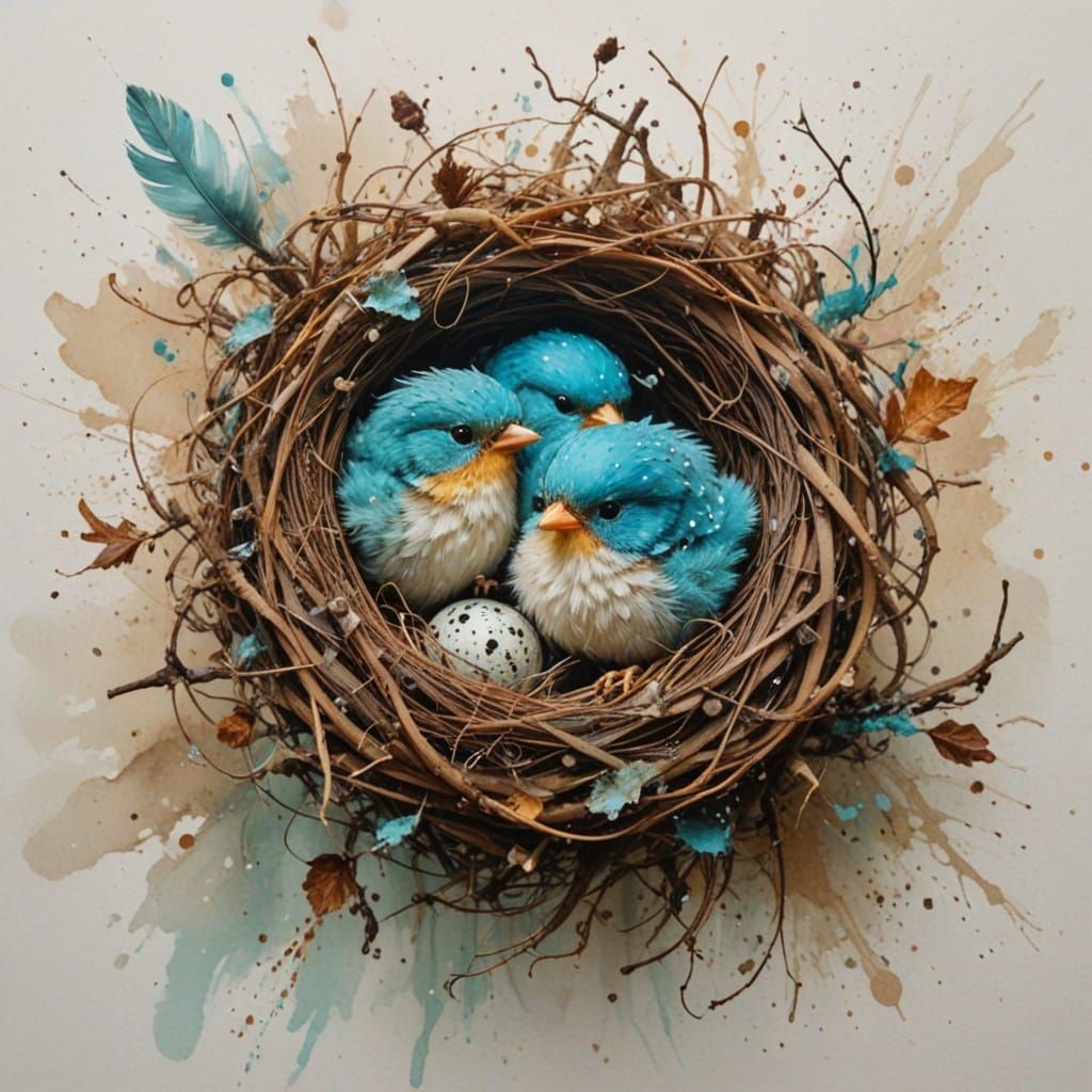 Vibrant Watercolor Birds in a Messy Nest