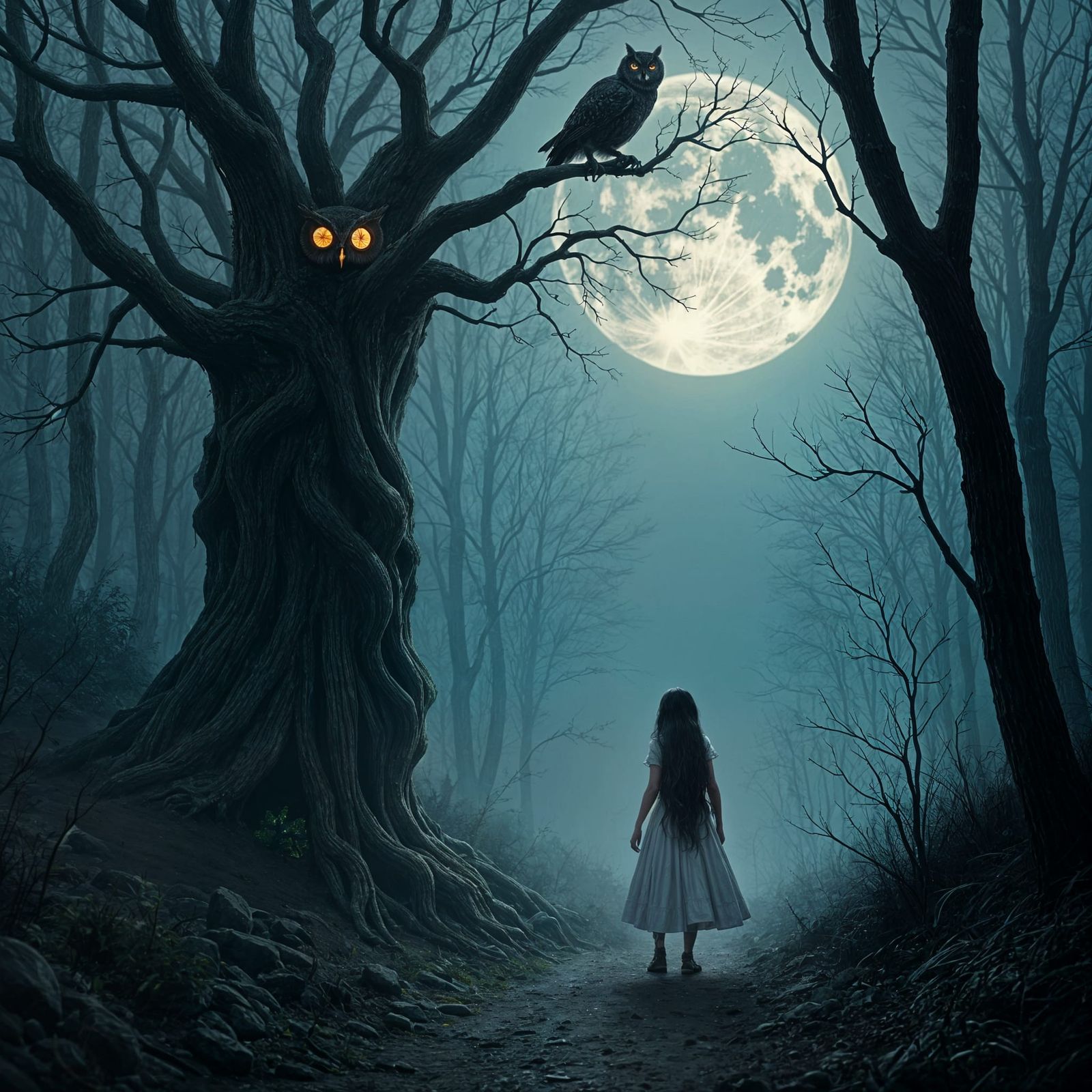 Gothic Girl and Cyborg Tree Woman in Dark Forest