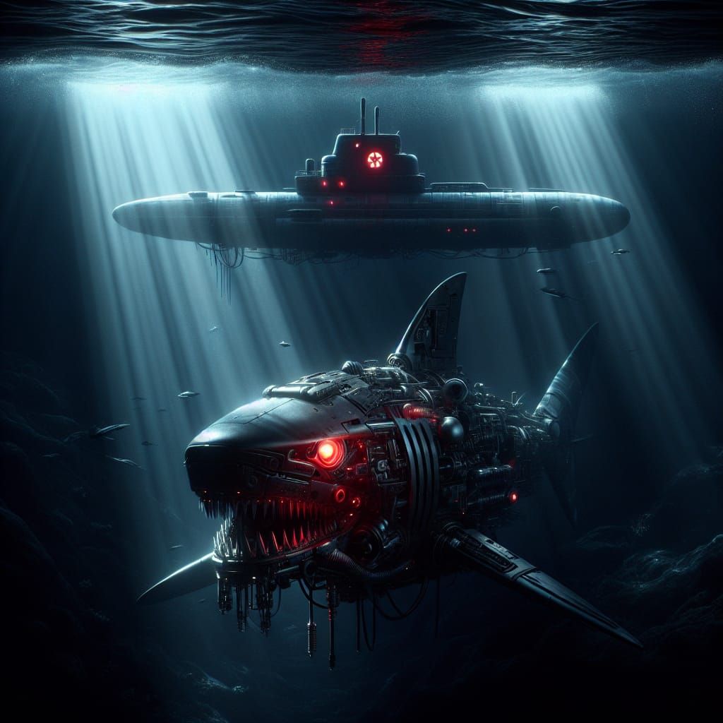Cyberpunk-Inspired Mechanical Shark Patrols the Depths