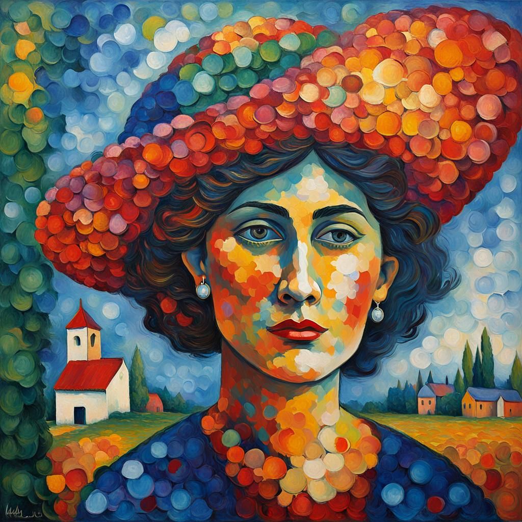 Woman with Hat: Neo-Impressionist Expressionist Painting