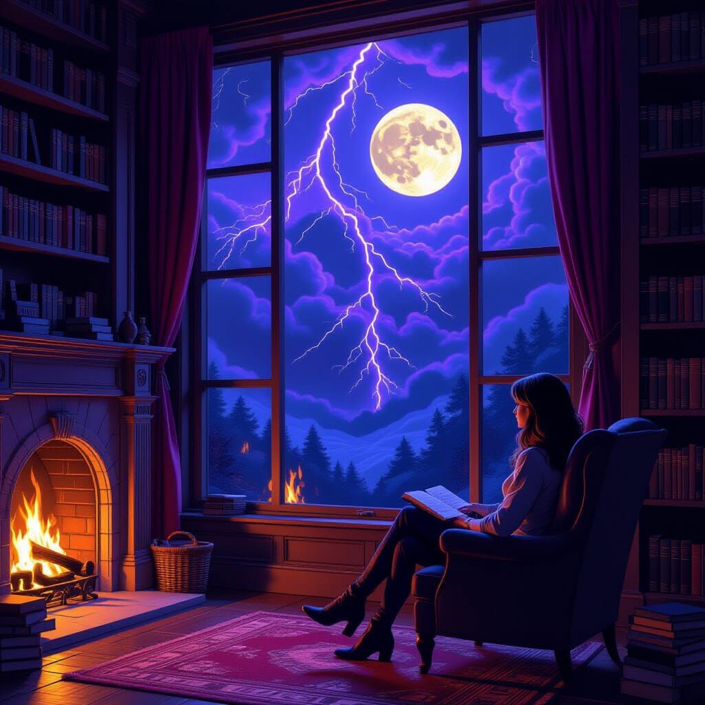 Dramatic Lightning Scene Through Window in Digital Art Style