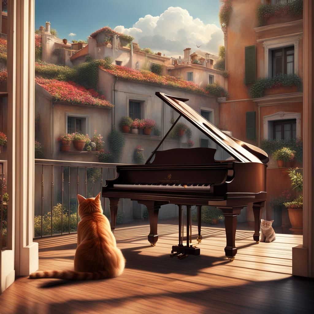 Cat and Pianist in Sunlit Balcony Scene