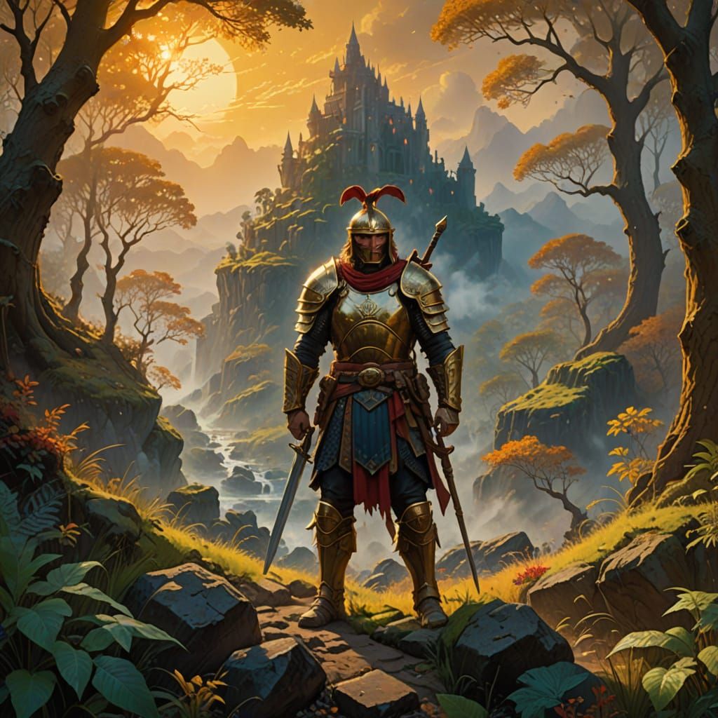 Warrior in Fantasy Landscape as Digital Oil Painting