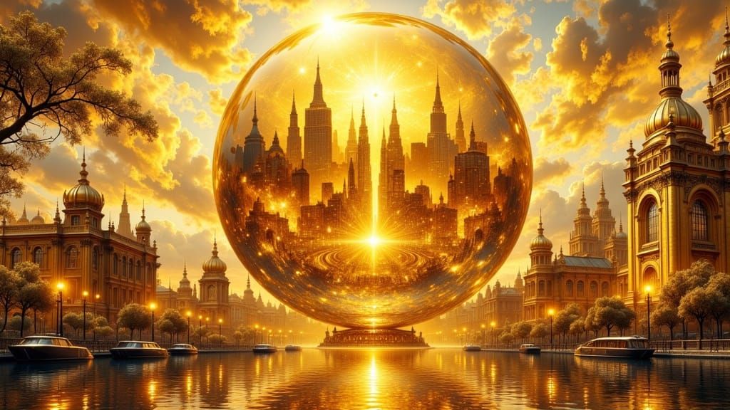Golden Cityscape in Luminous Sphere: Fantasy Matte Painting