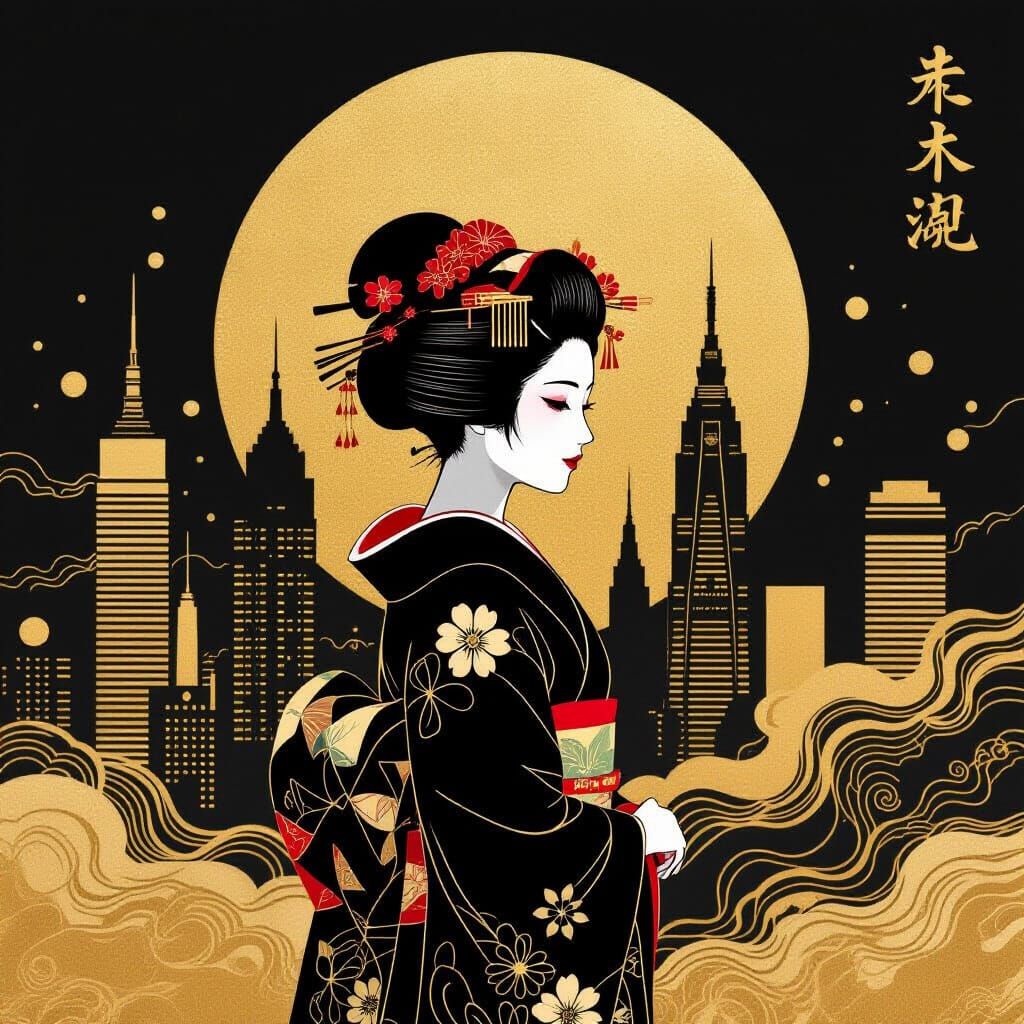 Modern Japanese Maiko Silhouette with Gold Skyline Art