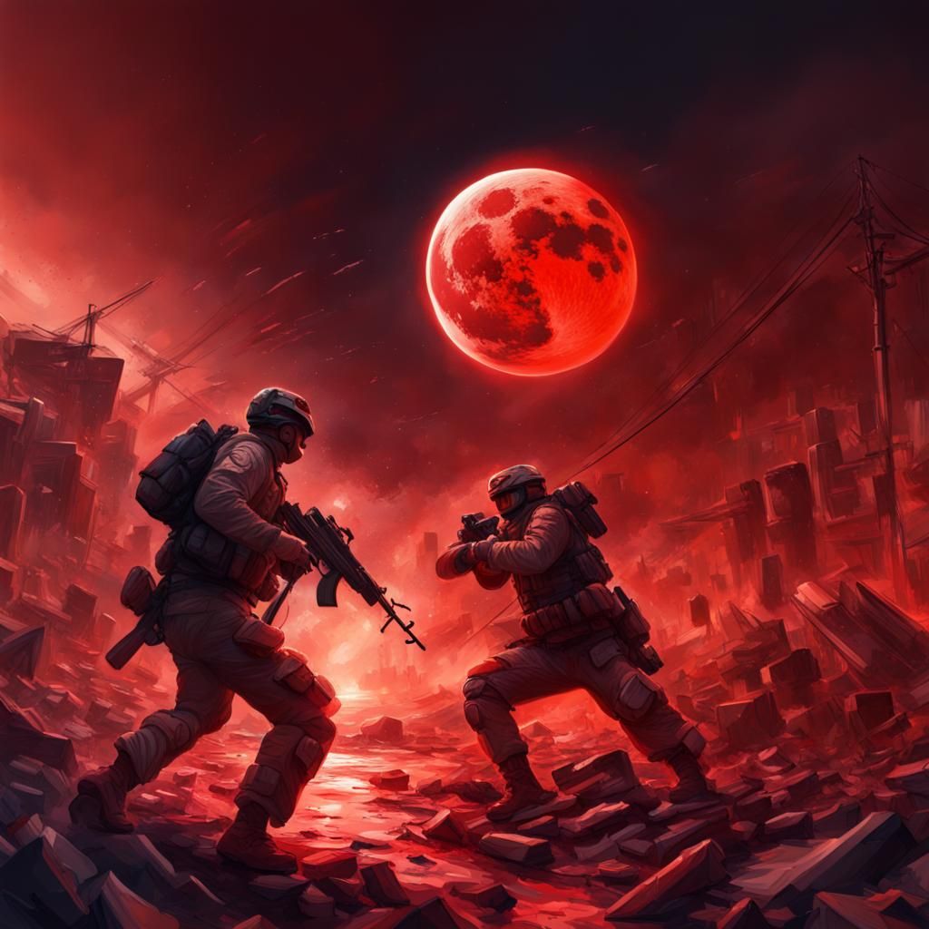 Modern Battle Under Blood Moon: Hyperrealistic Concept Art