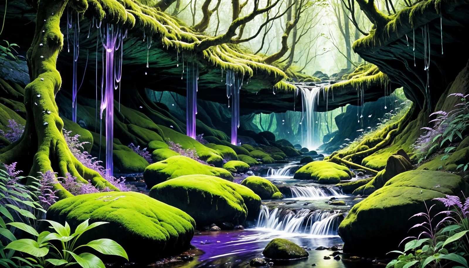 Mossy Forest Creek and Waterfalls