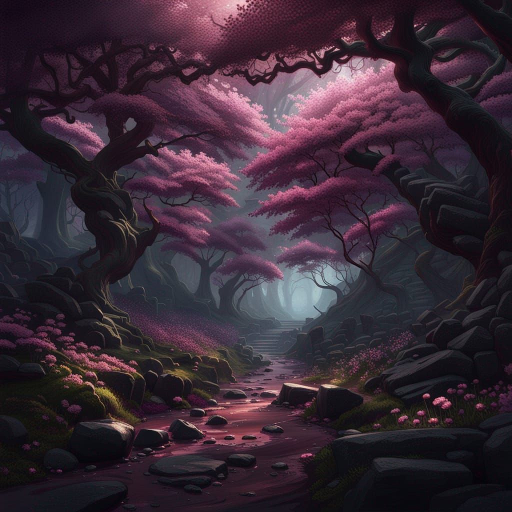 Hyperdetailed Dark Cherry Blossom Forest Concept Art