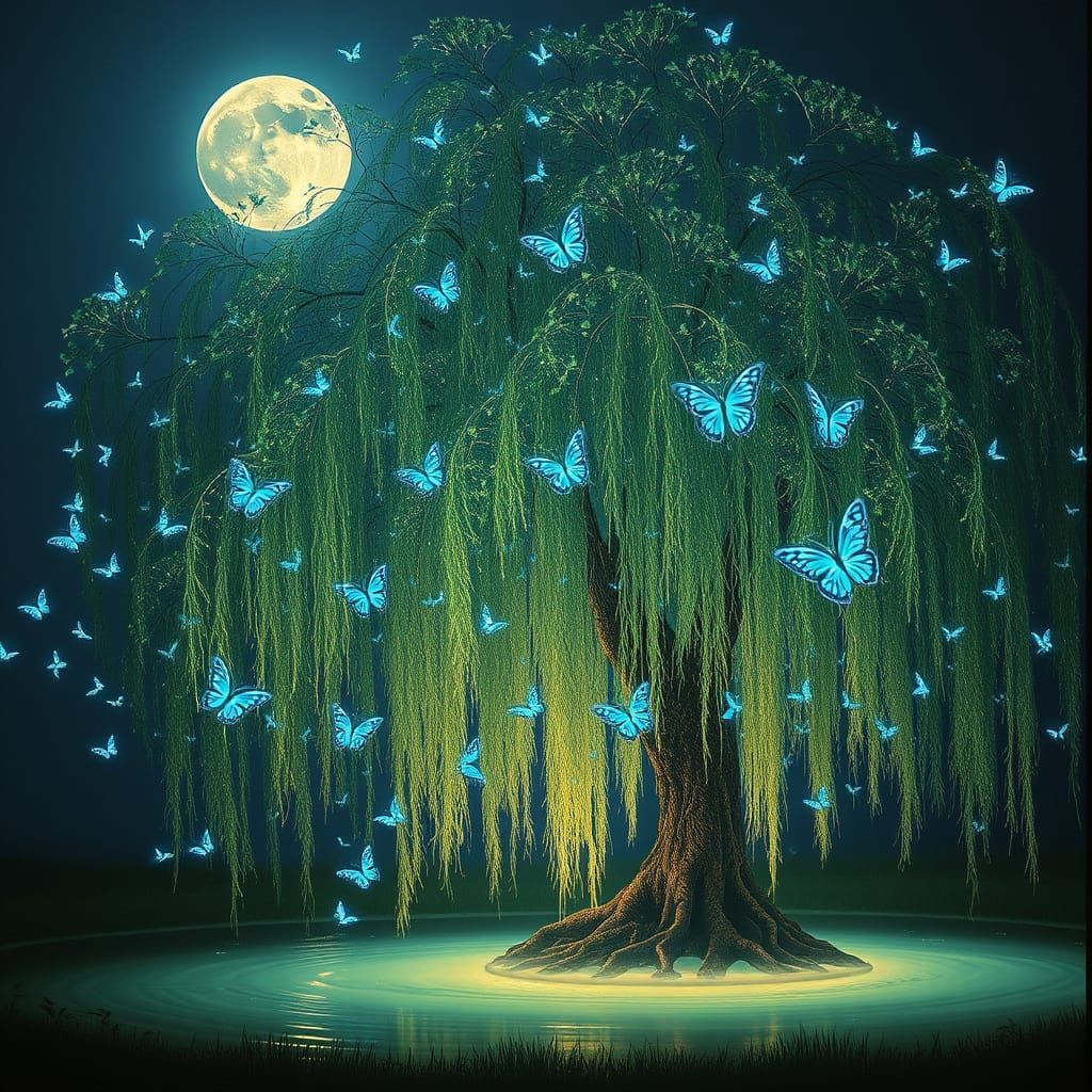 Majestic Willow Tree in a Dreamlike Summer Night