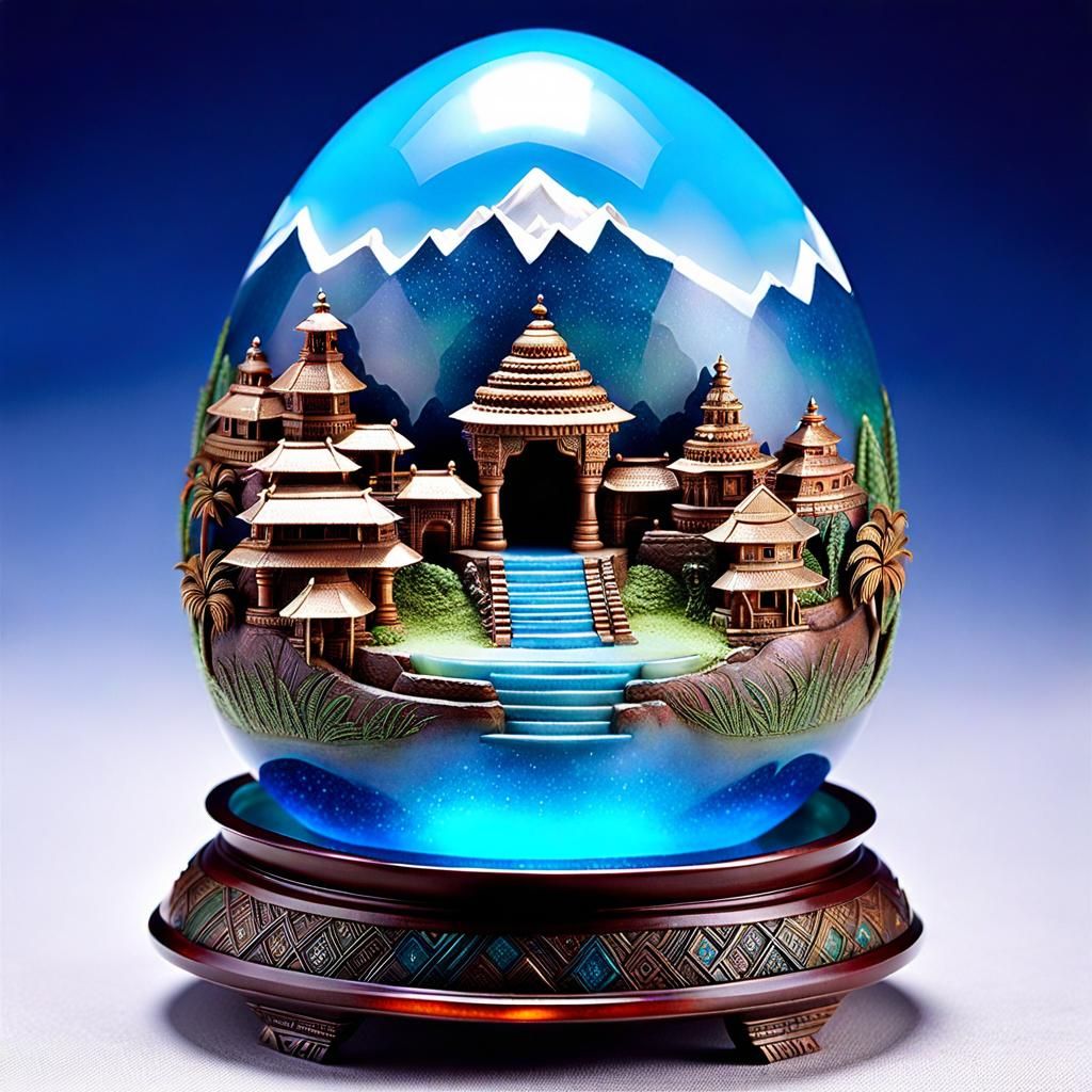 "A resin egg, translucent and shimmering, encasing a miniature ancient Indian civilization, village,mountain, fountain, ...
