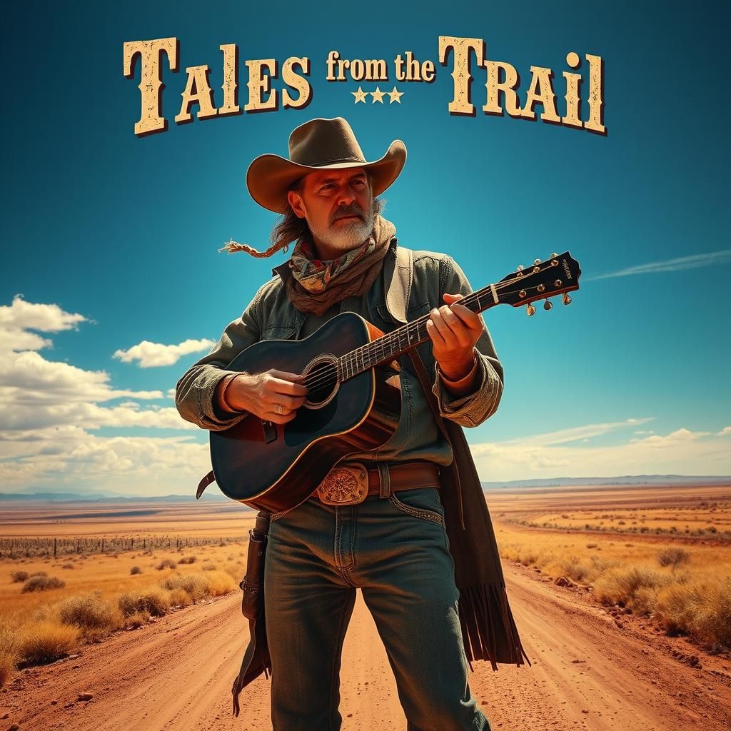 Weathered Cowboy on Prairie Road with Guitar