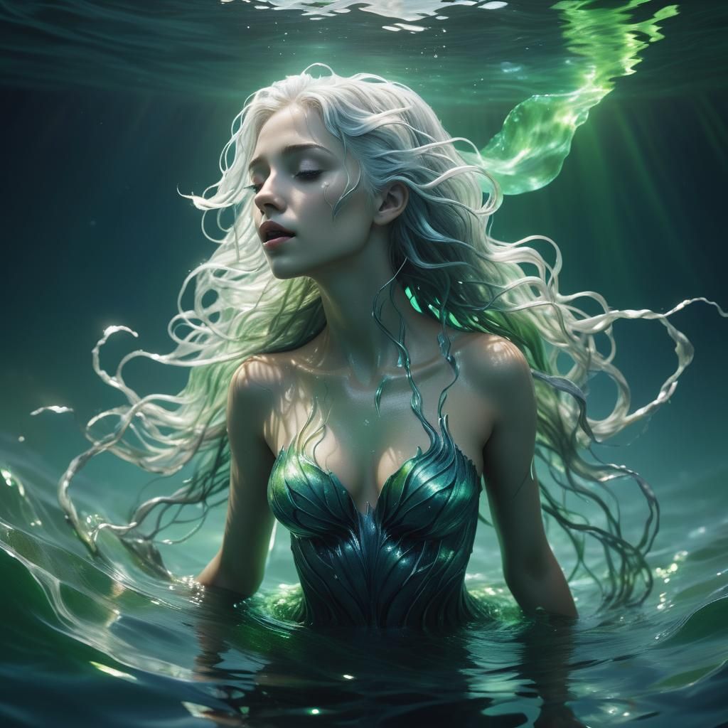 Silver-Haired Siren Singing in Bioluminescent Water
