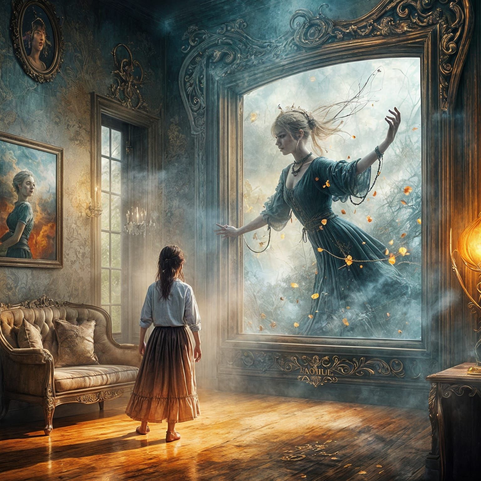 Woman Enters Painting: Surreal Digital Art