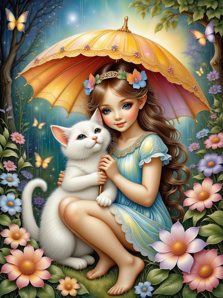 Girl and Cat Share Umbrella in Heavy Rain