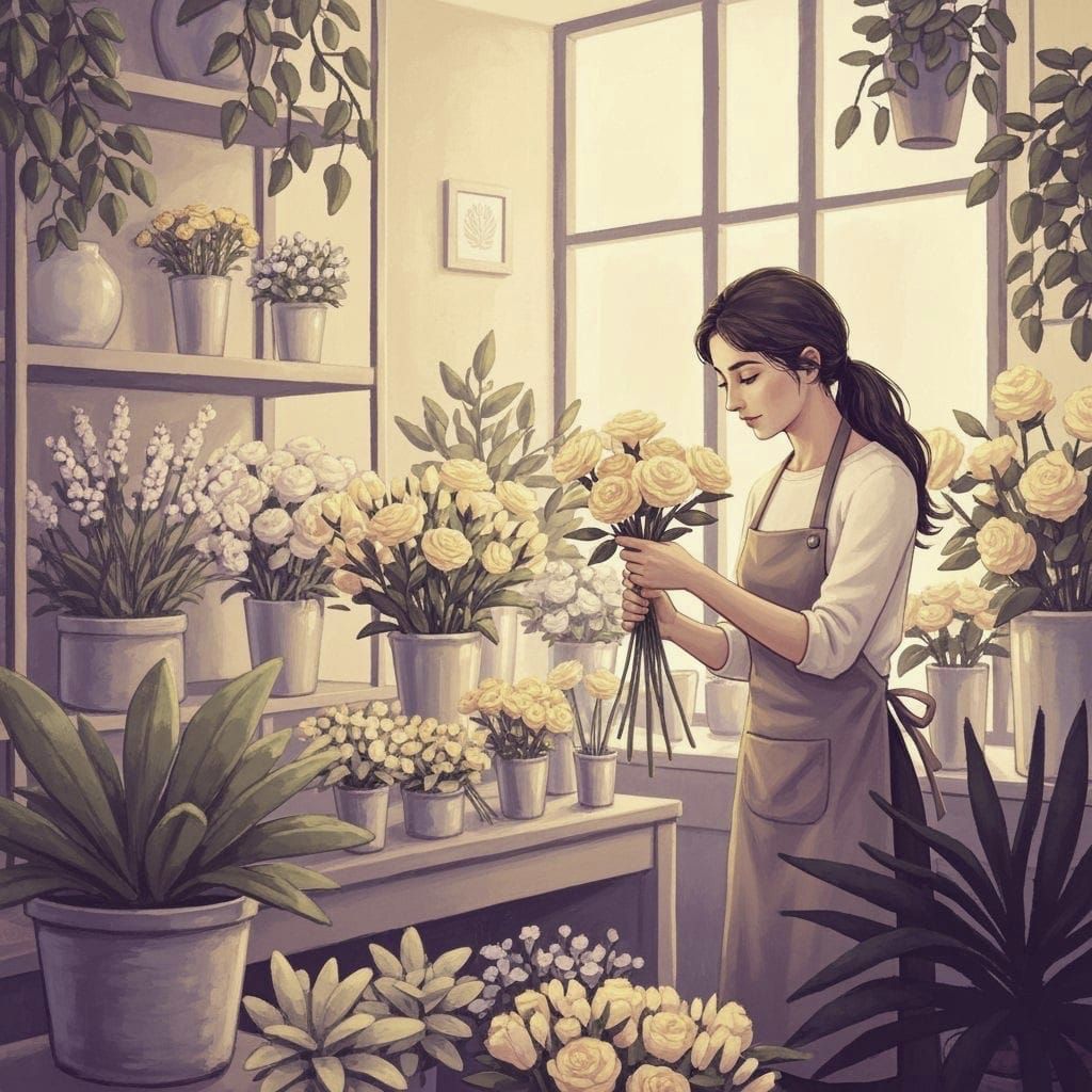 Woman Arranging Flowers: Detailed Matte Painting