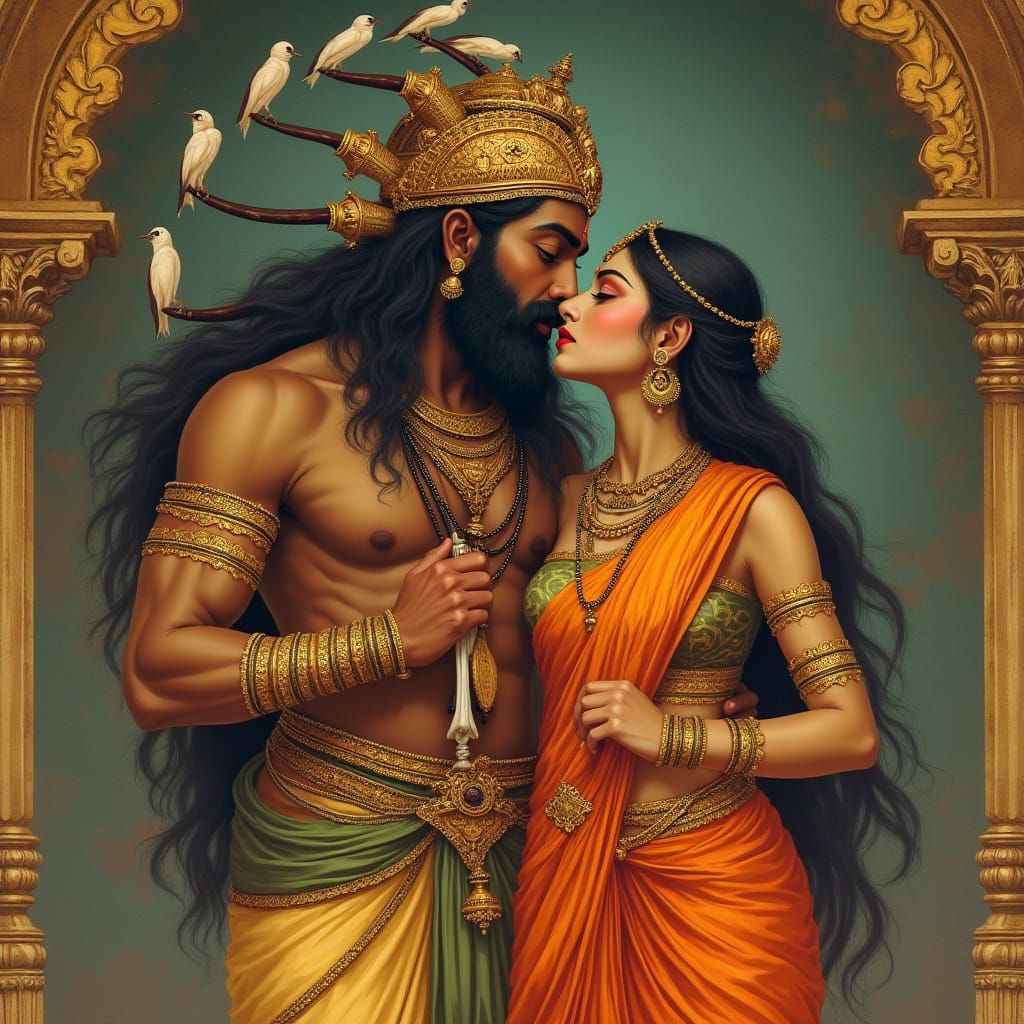 Ravana Kisses Sita in Lavish Palace, Indian Art