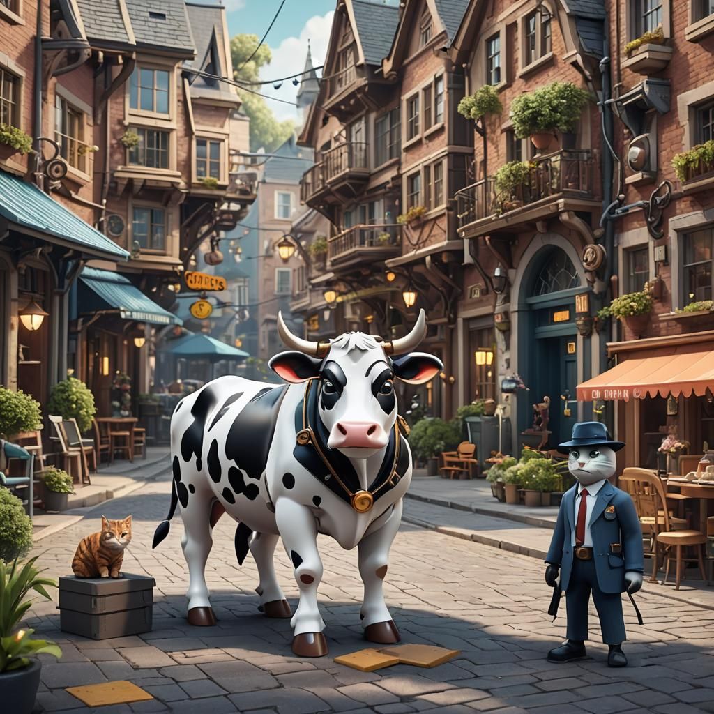 Cow and Cat Detectives Solve Mystery in Whimsical Town