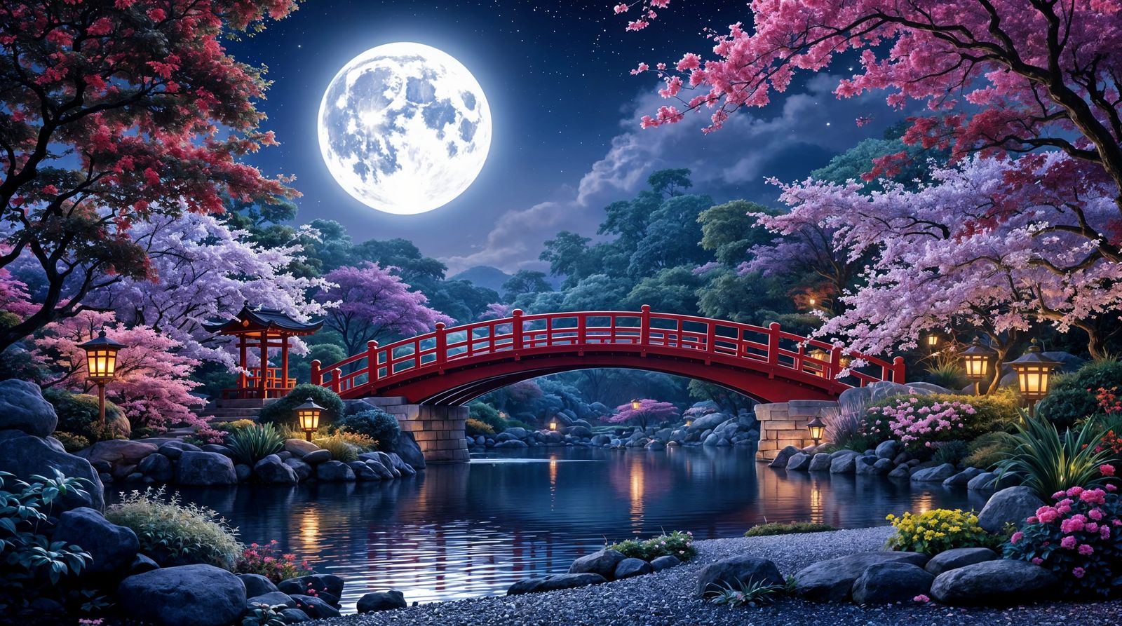 Hyperrealistic Asian Garden Under a Glowing Moon