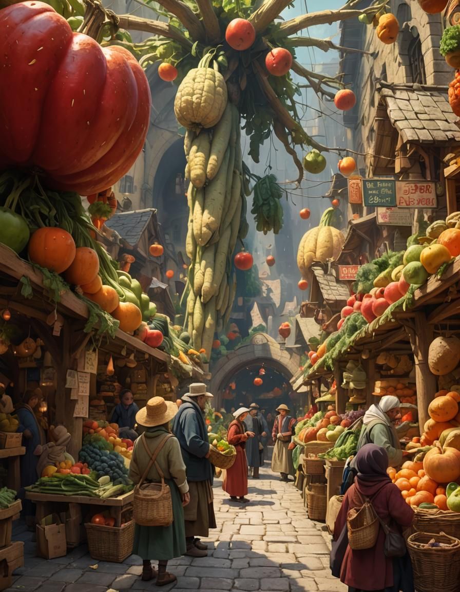 Whimsical Giant Produce Market in High Fantasy Style