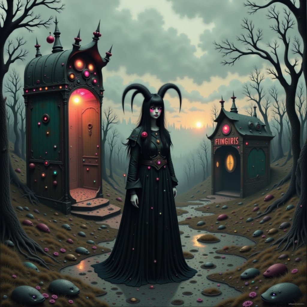 Mystical Woman at Abandoned Carnival: Surreal Art