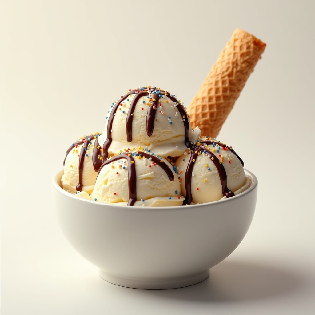 Photorealistic Ice Cream Sundae with Sprinkles and Chocolate