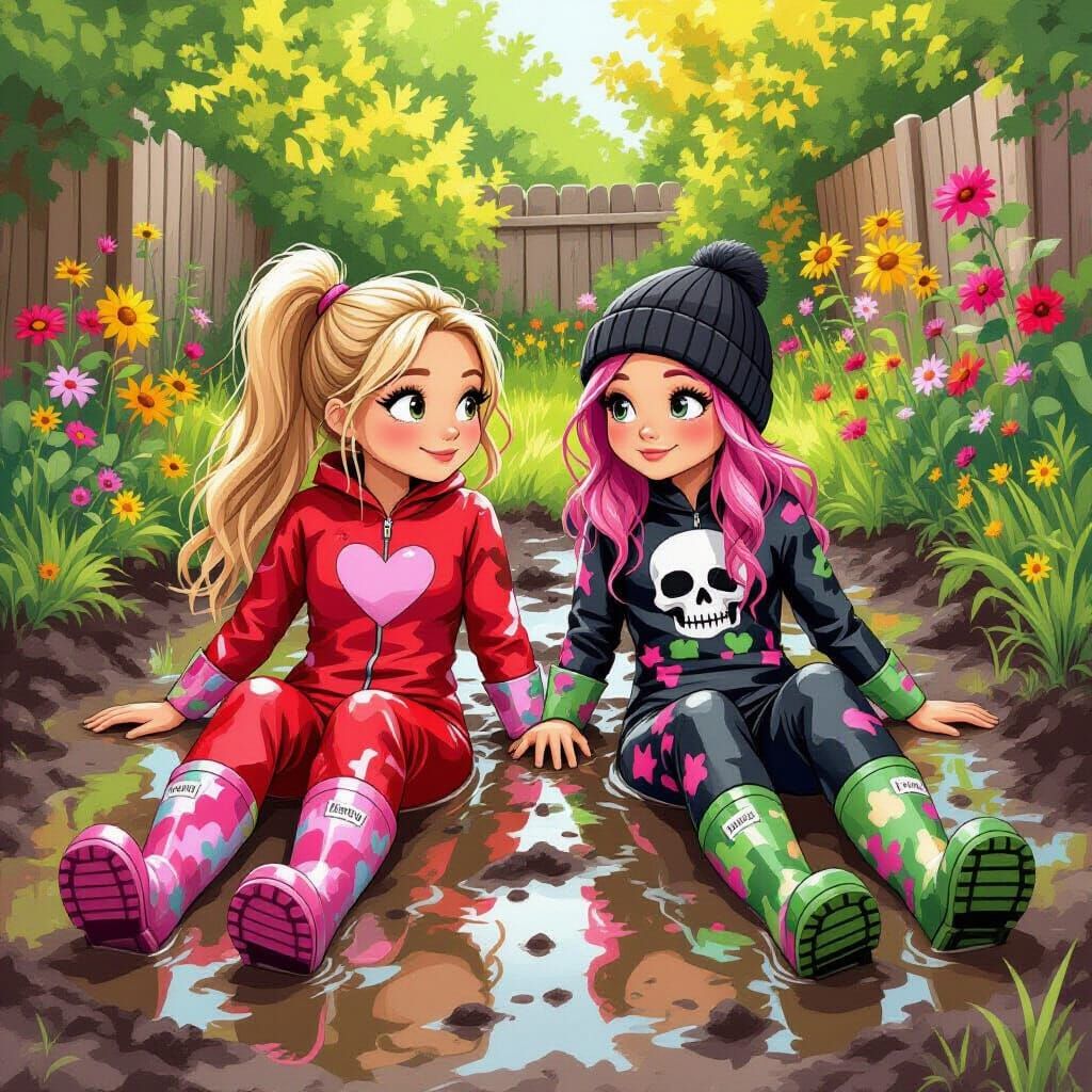 Cartoon Girls Covered in Mud in a Vibrant Garden