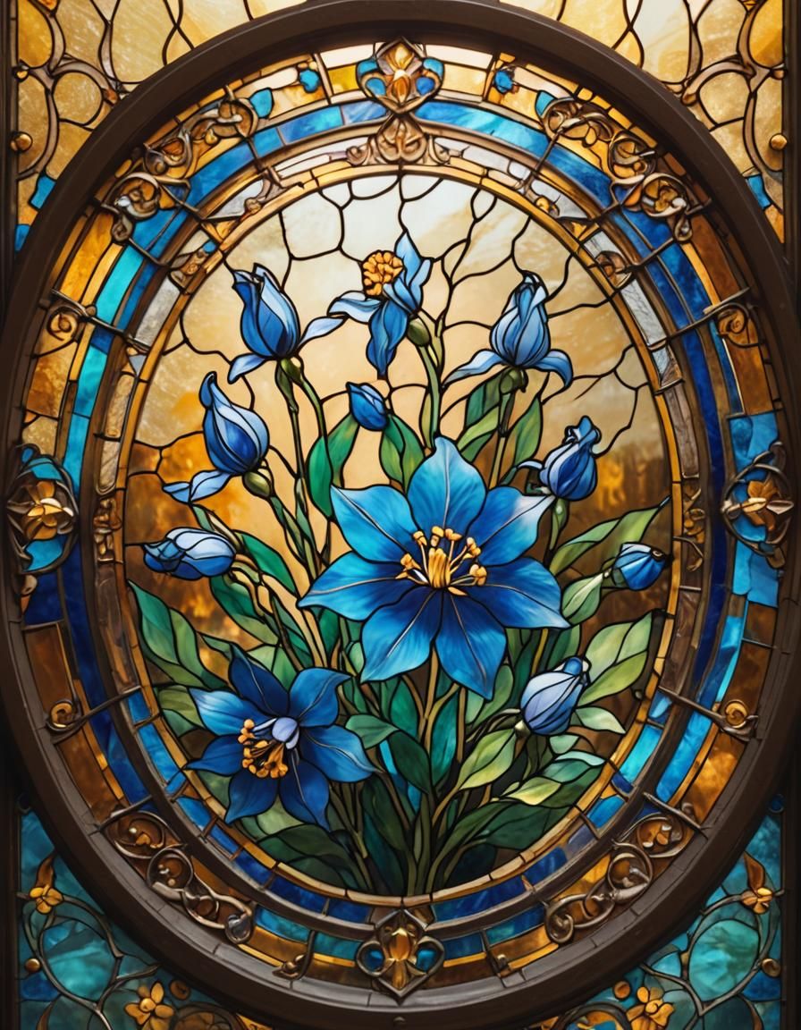 Blue Columbine Flower in Stained Glass Style