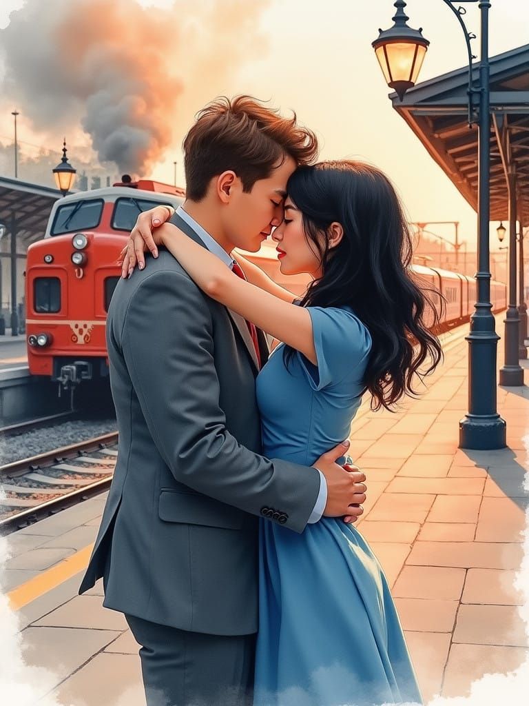 A Watercolor Portrait of a Romantic Train Station Farewell