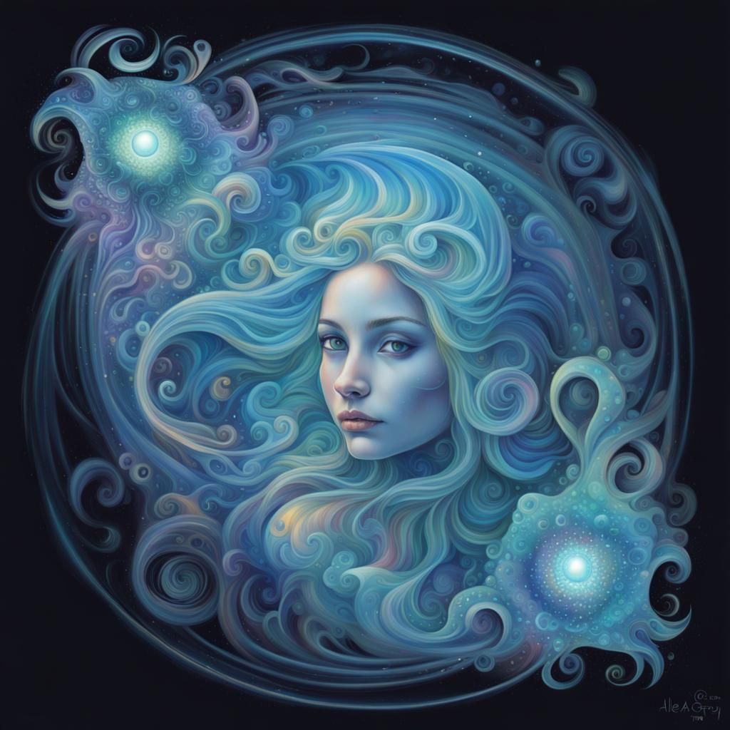 Bioluminescent Mermaid Elemental in Art Nouveau Style