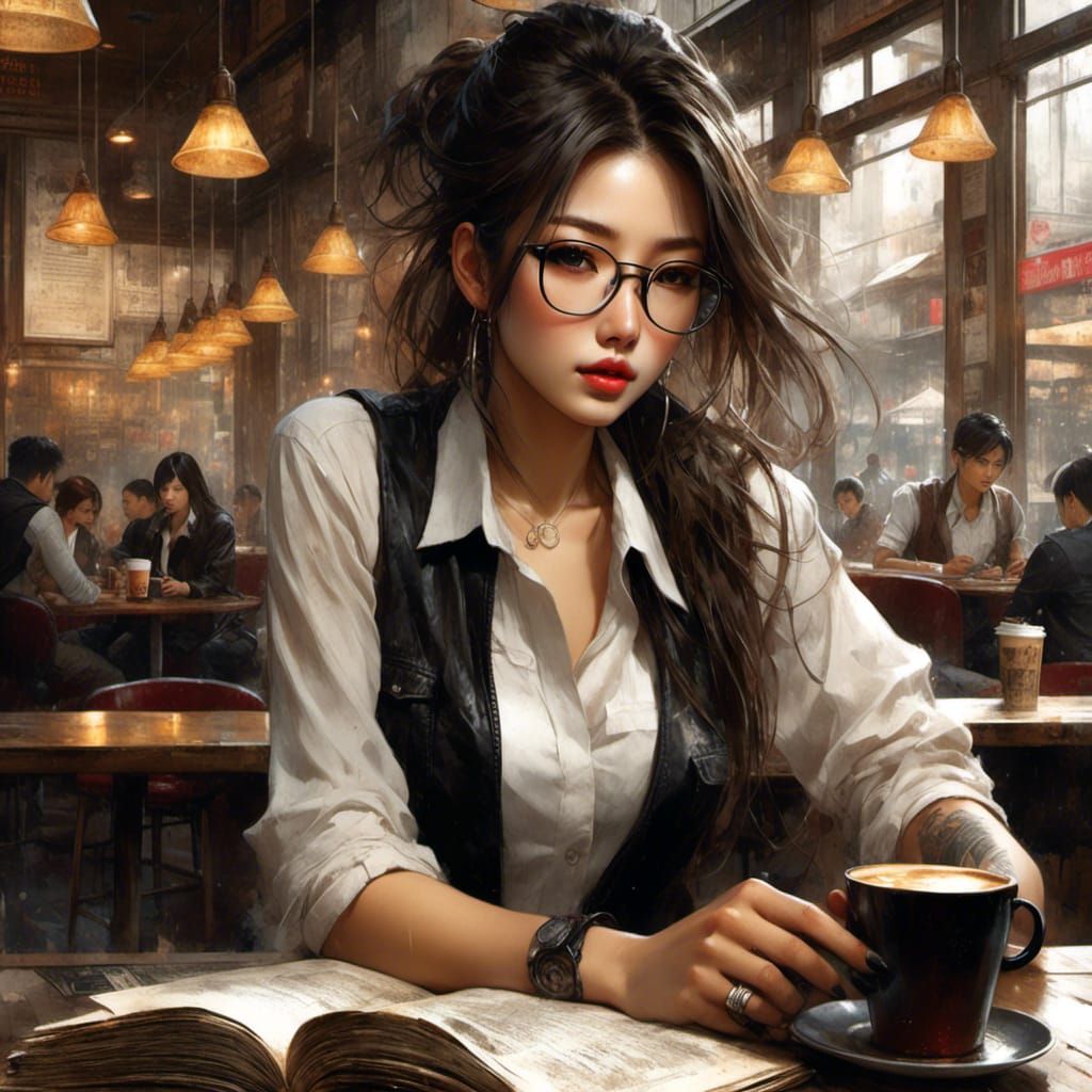 Japanese Student in Cafe, Grunge Poster Style