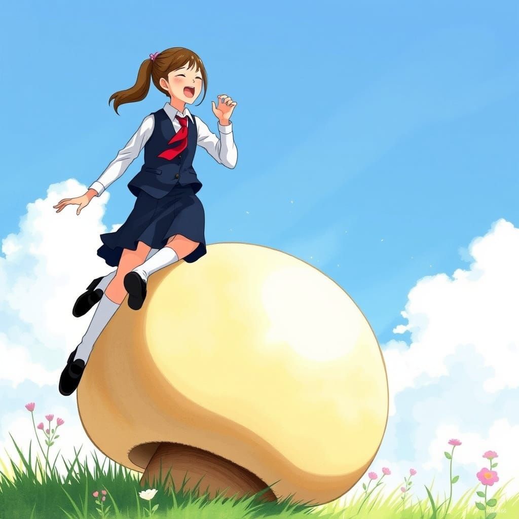 Ghibli-Style Schoolgirl Bouncing on Mushroom