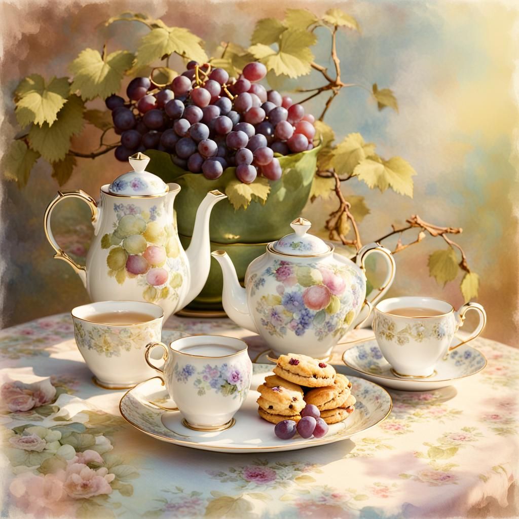 Pastel Tea Set Still Life in Watercolor Style