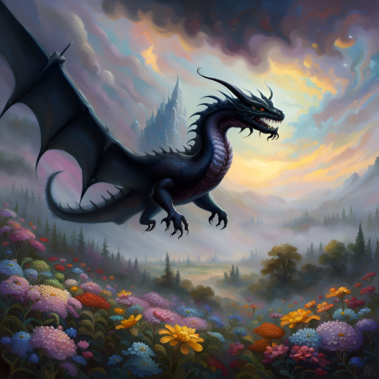 Black Wyvern Flies Over Wildflower Field