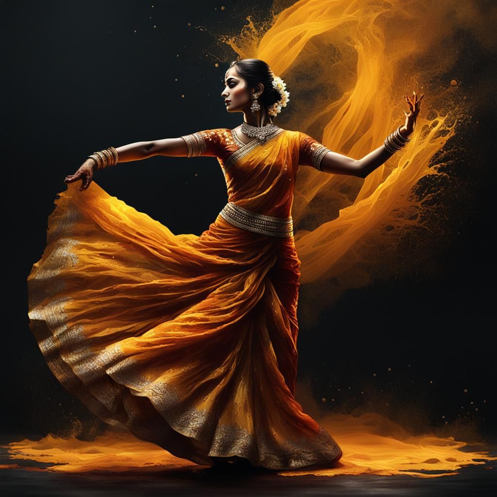 Odissi Dancer in Saffron Paint: Liquid Splash Art