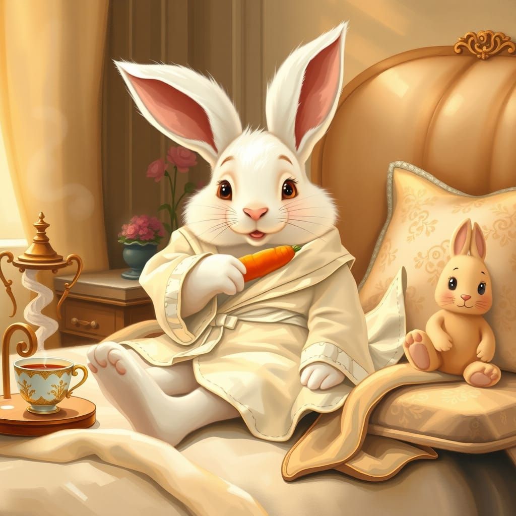 Luxurious Bedroom Scene with Refined Rabbit in Soft Golden L...