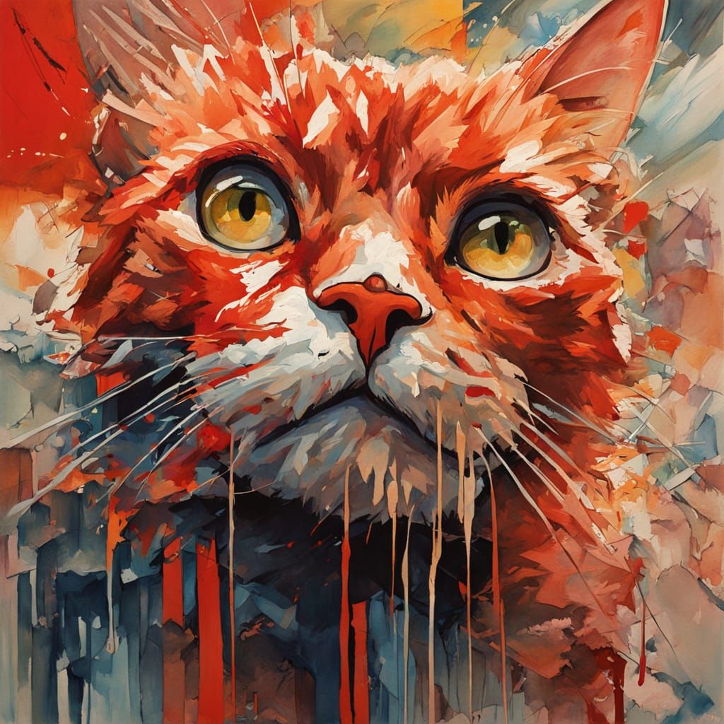 Red Kitten Superhero Soars in Epic Impressionist Masterpiece