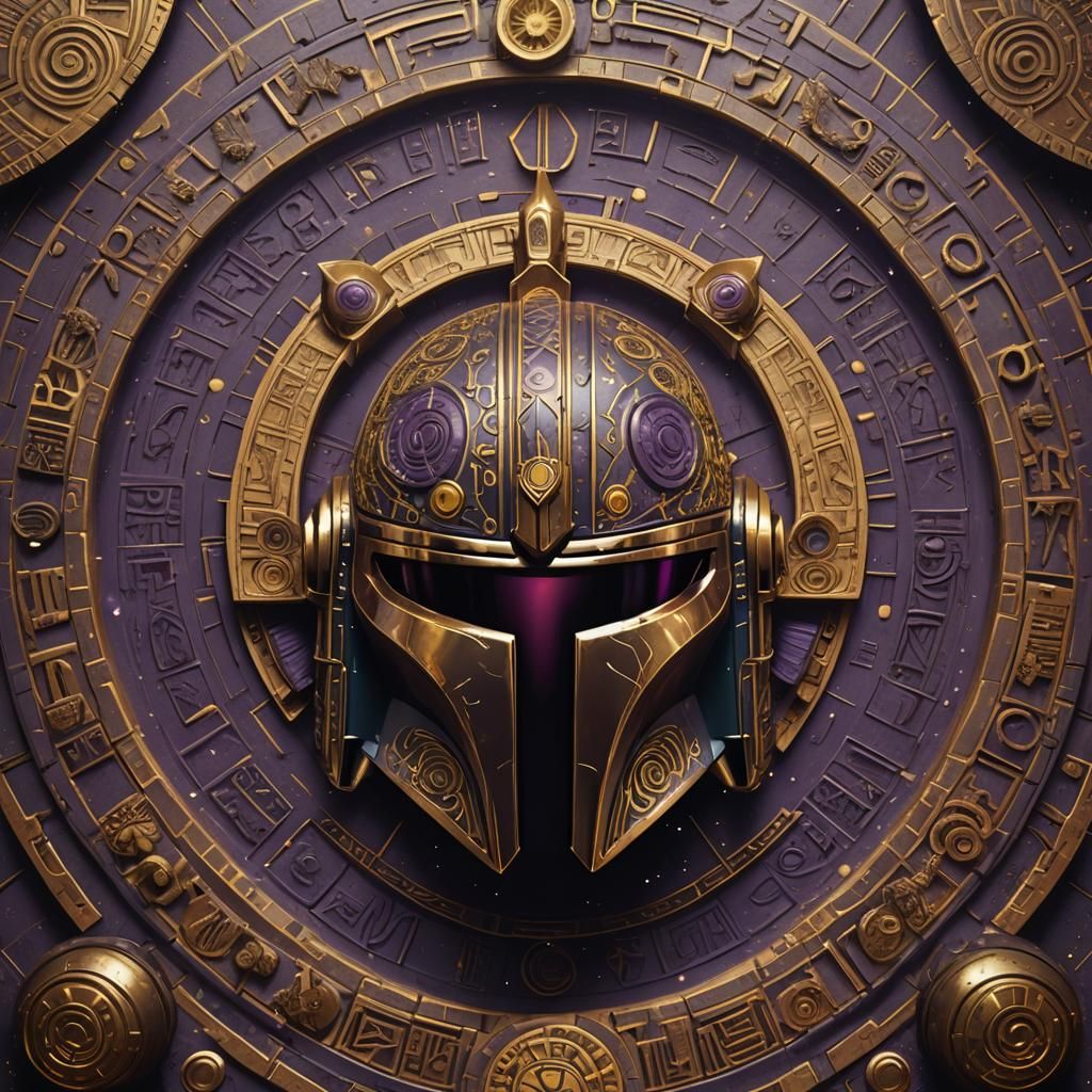 Mandalorian Helmet on Aztec Calendar in Dark Fantasy