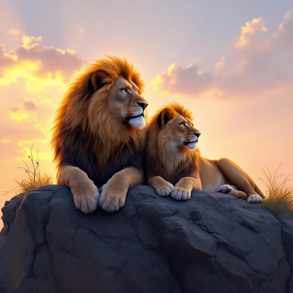 Majestic Lions at Sunset in Photorealistic Style