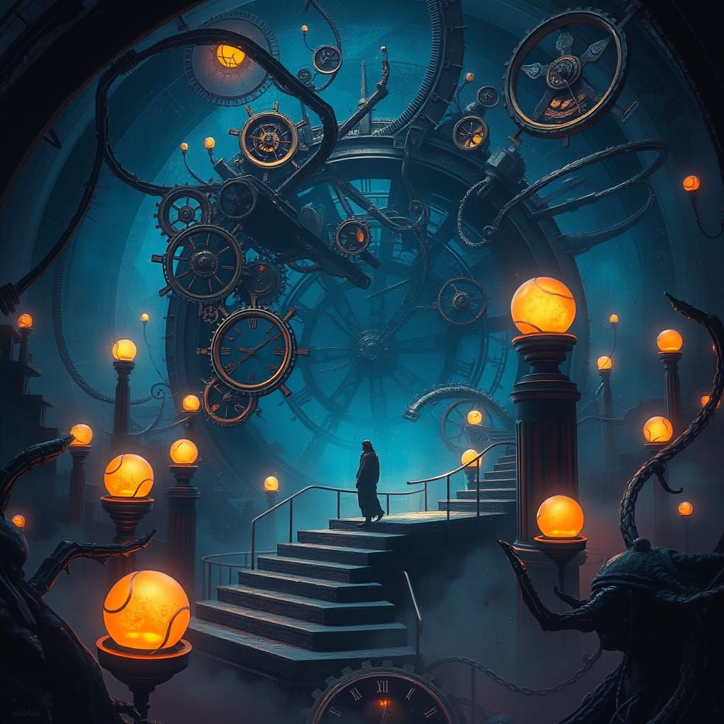 Enigmatic Figure in a Labyrinthine Dreamscape