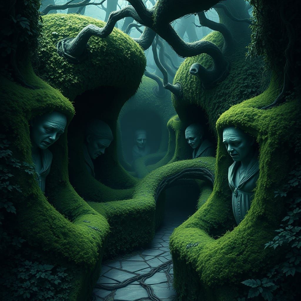 Grotesque Statues in a Dark Fantasy Hedge Maze