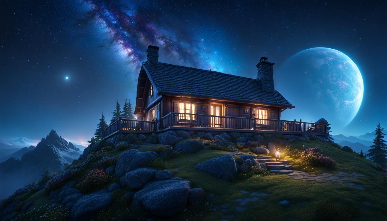 Mountain Cottage with Nebula Background in HDR