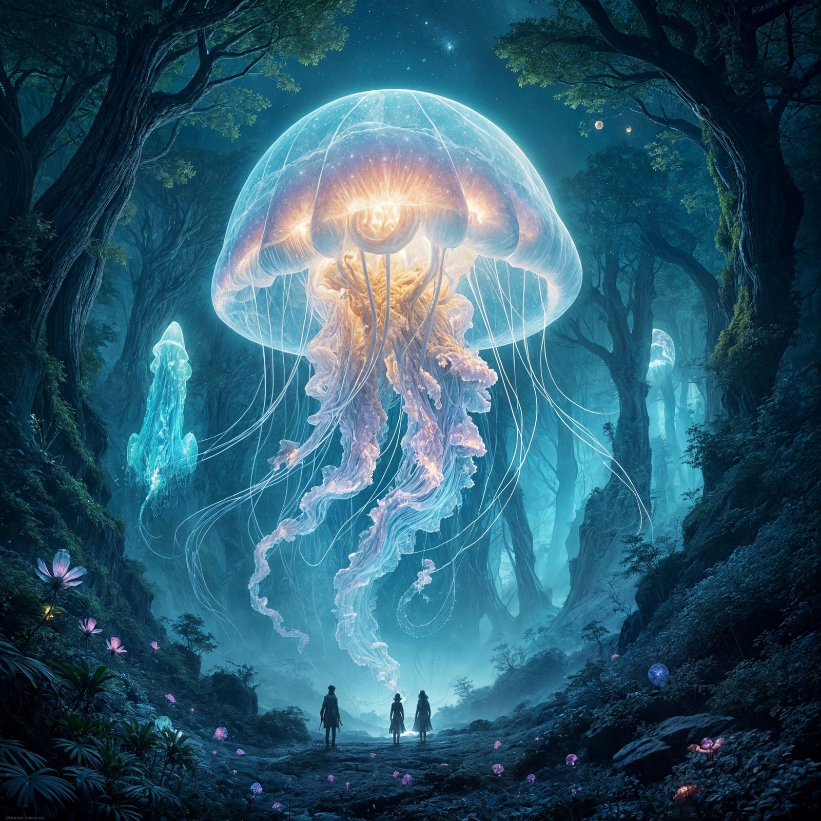 Cosmic Jellyfish Nebula Floats Through Bioluminescent Forest