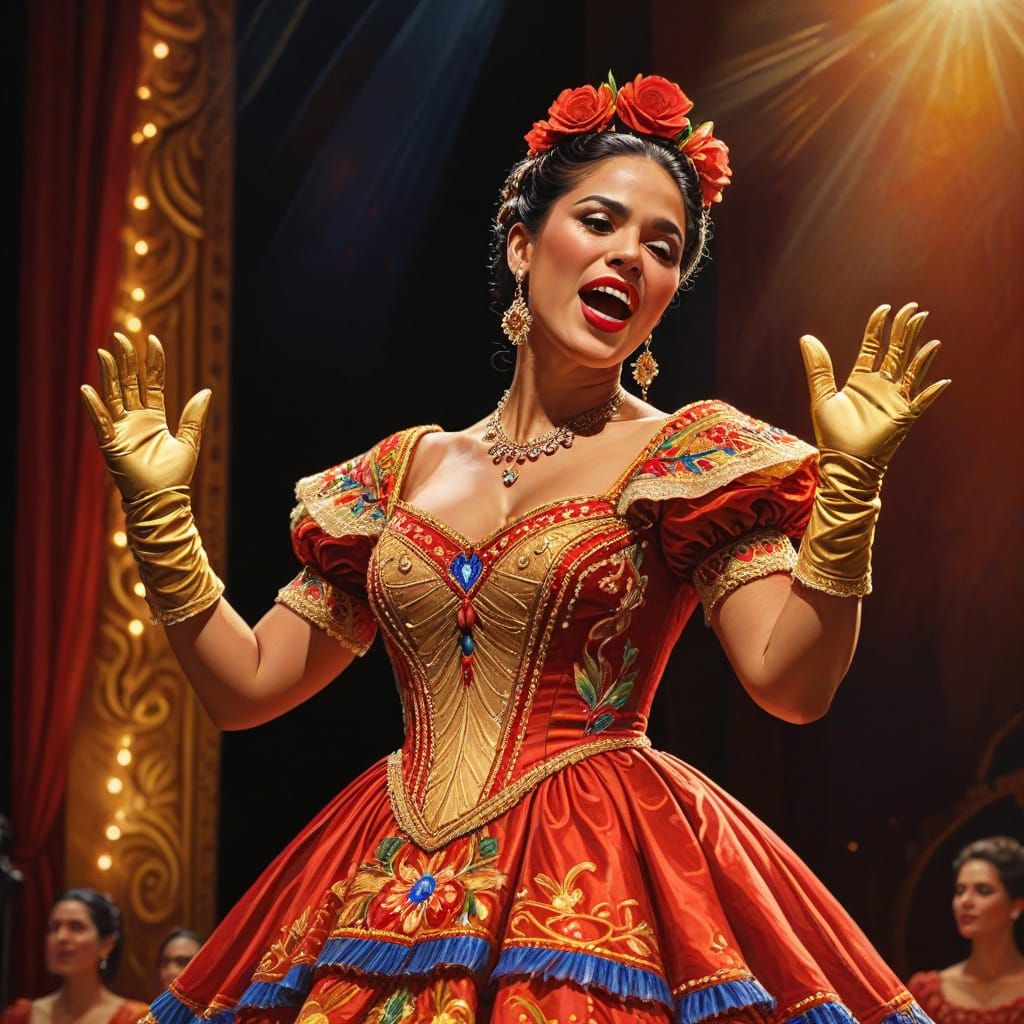 Puerto Rican Soprano on Stage in Latin Folk Art Style