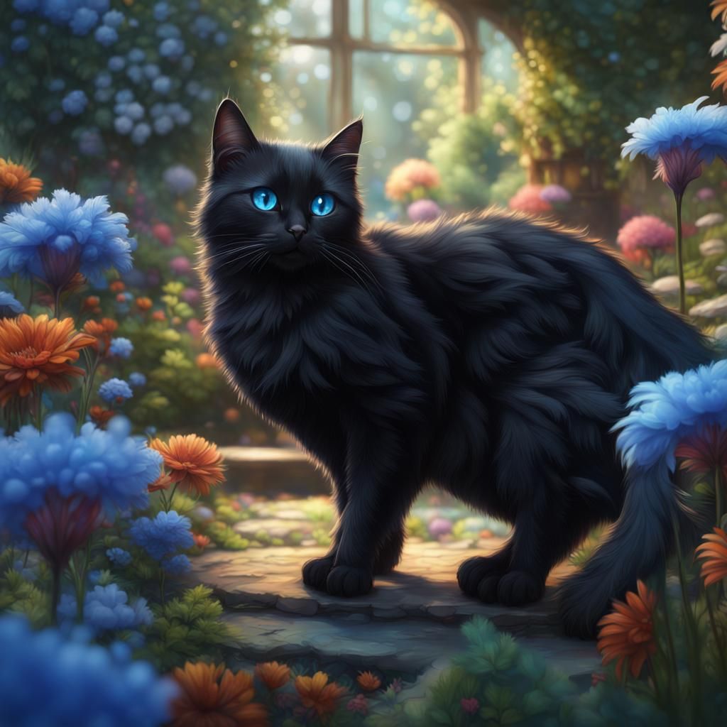Fluffy Black Cat in a Detailed Fantasy Garden